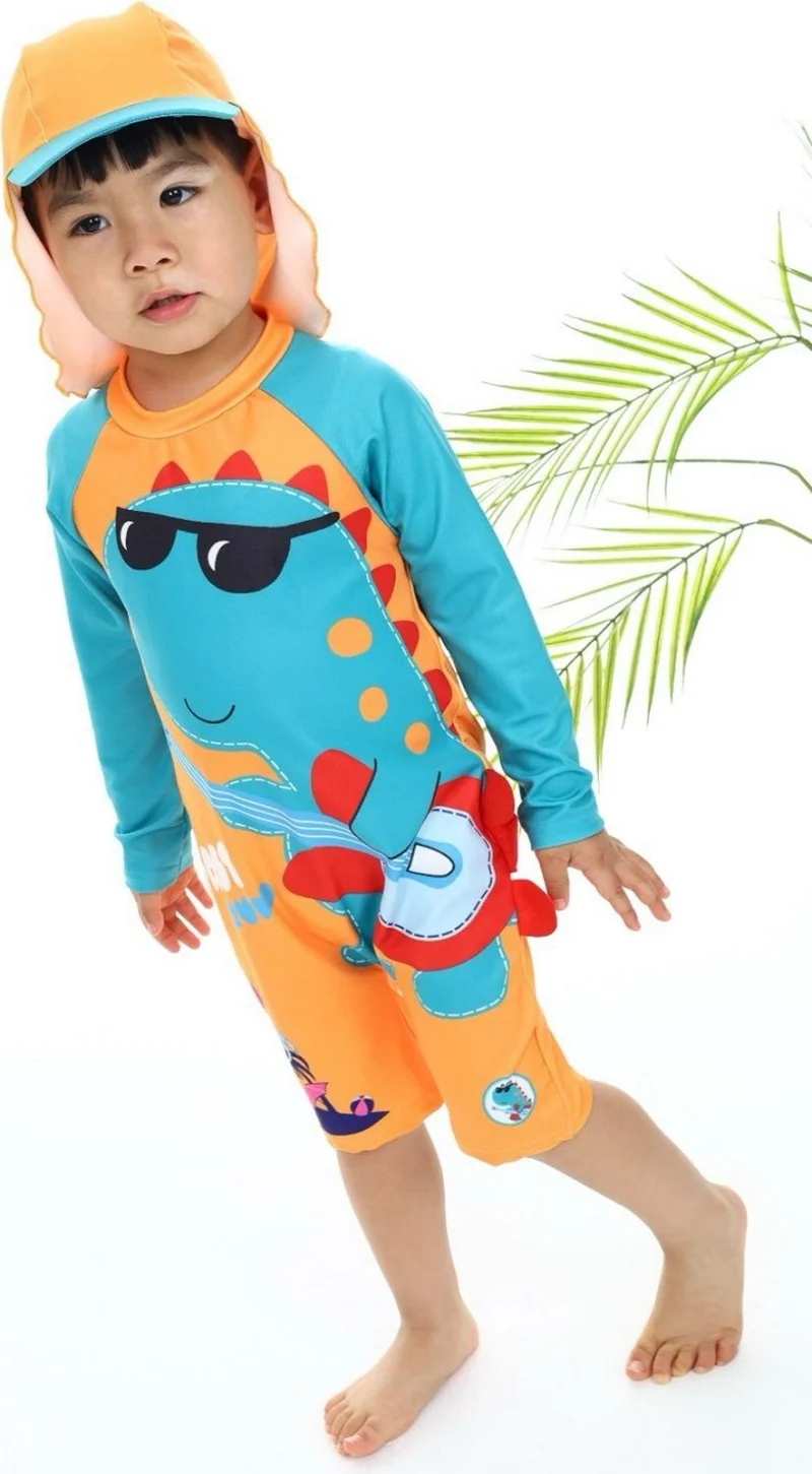 Podium Giyim Podium Clothing New Season Cute Dinosaur UV Protection Long Sleeve Zippered Hat Baby-Child Swimsuit Set