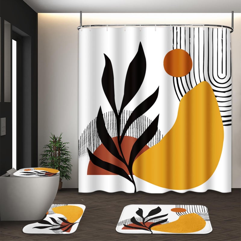 Tayney Boho Mid Century Shower Curtain Set with Toilet Lid Cover and Non-Slip Rugs, Botanical Wall Art 4 Pcs Shower Curtain, Minimalist Geometric Bathroom Set Decor with 12 Hooks - Image 1
