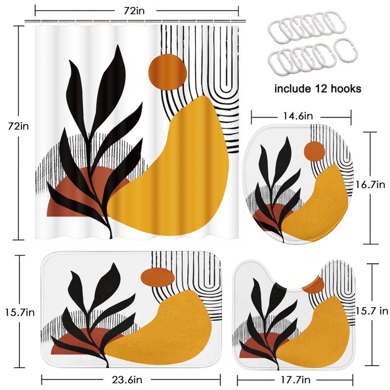 Tayney Boho Mid Century Shower Curtain Set with Toilet Lid Cover and Non-Slip Rugs, Botanical Wall Art 4 Pcs Shower Curtain, Minimalist Geometric Bathroom Set Decor with 12 Hooks - Image 2