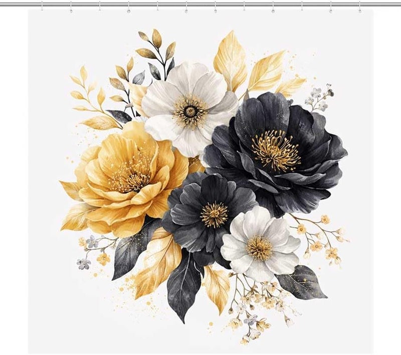 Floral Arrangement with Yellow, White, and Black FlowersShower Curtain for Bathroom Waterproof Tan Shower Curtain with Hooks 71 inch x 71 inch - Image 1
