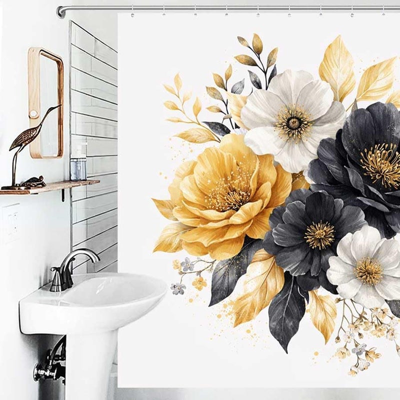 Floral Arrangement with Yellow, White, and Black FlowersShower Curtain for Bathroom Waterproof Tan Shower Curtain with Hooks 71 inch x 71 inch - Image 4