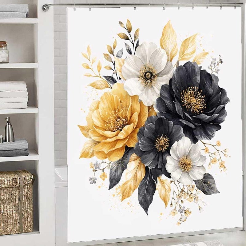 Floral Arrangement with Yellow, White, and Black FlowersShower Curtain for Bathroom Waterproof Tan Shower Curtain with Hooks 71 inch x 71 inch - Image 2