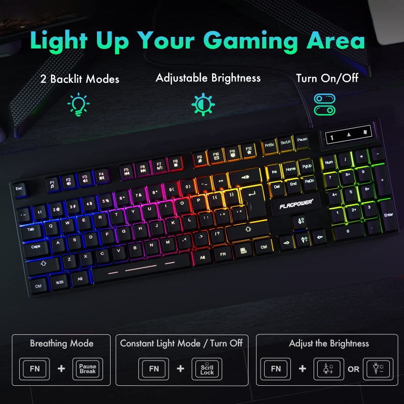 FLAGPOWER RGB Gaming Keyboard and Breathing Mouse Combo, Adjustable Breathing Backlit Mechanical Feeling Keyboard with 4 Colors 4800DPI Backlight Mouse for PC Laptop Computer Game and Work - Image 2