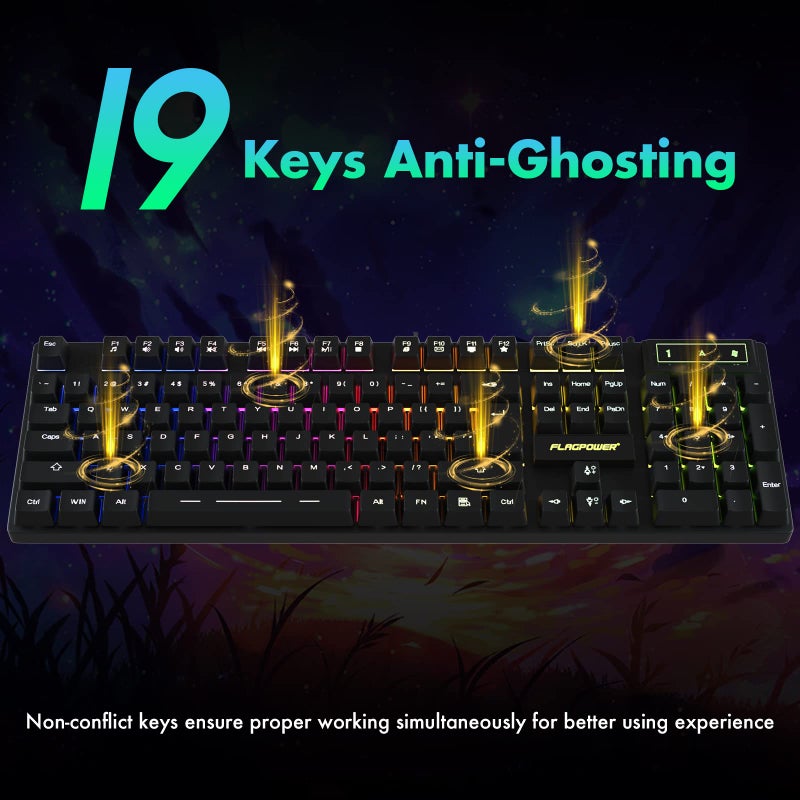 FLAGPOWER RGB Gaming Keyboard and Breathing Mouse Combo, Adjustable Breathing Backlit Mechanical Feeling Keyboard with 4 Colors 4800DPI Backlight Mouse for PC Laptop Computer Game and Work - Image 4