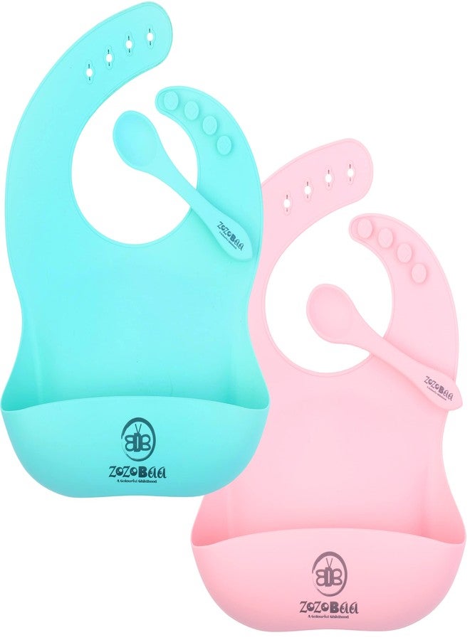 ZoZoBaa Silicone Baby Bib with Easy Grip Spoon For Feeding Toddlers|Waterproof & Reusable Bib with button for Infants |Soft, Light Weight, BPA Free, 2 Set, Mint Green & Pink - Image 1