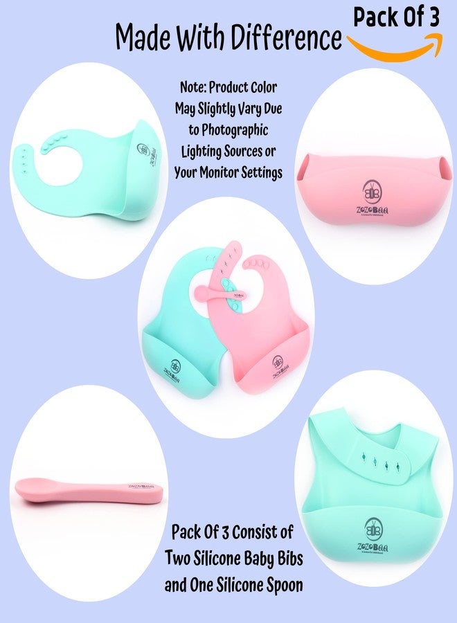ZoZoBaa Silicone Baby Bib with Easy Grip Spoon For Feeding Toddlers|Waterproof & Reusable Bib with button for Infants |Soft, Light Weight, BPA Free, 2 Set, Mint Green & Pink - Image 3