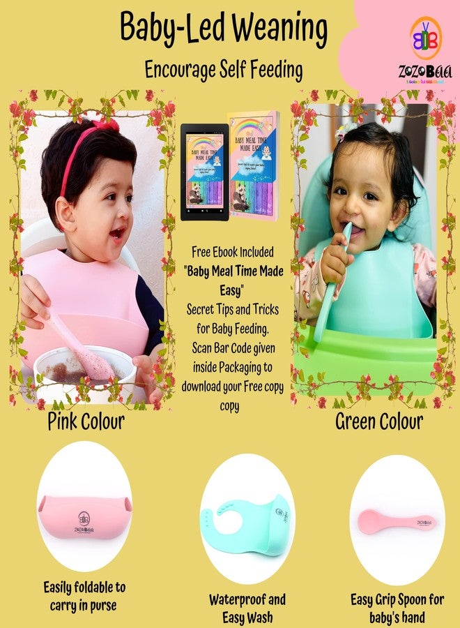 ZoZoBaa Silicone Baby Bib with Easy Grip Spoon For Feeding Toddlers|Waterproof & Reusable Bib with button for Infants |Soft, Light Weight, BPA Free, 2 Set, Mint Green & Pink - Image 5