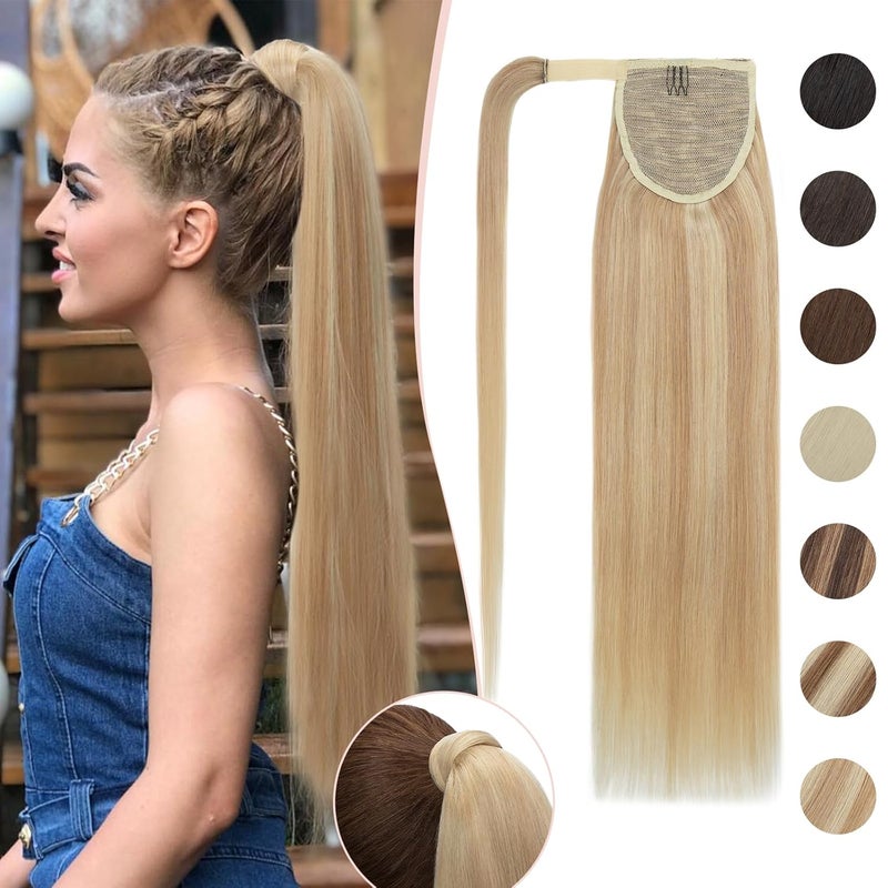 Snoilite Wrap Around Ponytail Extension Human Hair 18P613 Ash Blonde Mix Bleach Blonde Ponytail Extensions Real Remy Hair 16inch Long Straight Clip in Human Hair Ponytail 80Grams