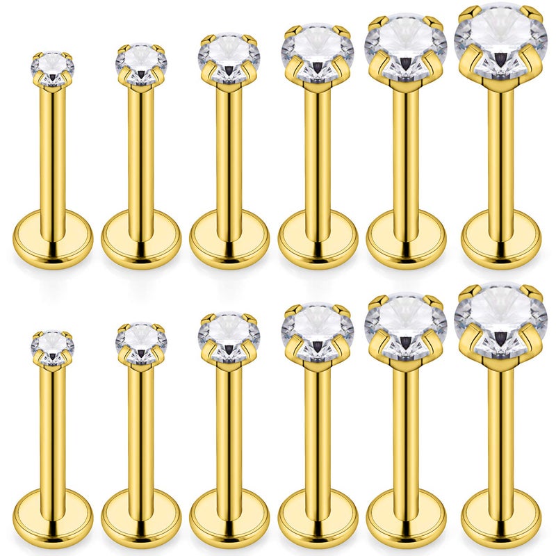 SCERRING 6 Pairs 16g Stainless Steel 2-4.5mm Prong Setting Clear CZ Internally Threaded Tragus Daith Cartilage Helix Earring Ring Body Piercing Jewelry 6mm - Gold - Image 5
