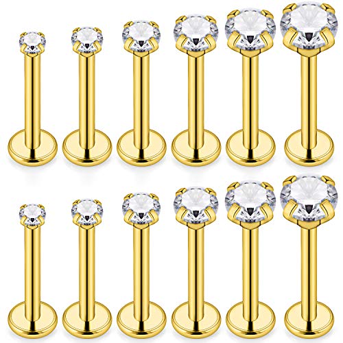 SCERRING 6 Pairs 16g Stainless Steel 2-4.5mm Prong Setting Clear CZ Internally Threaded Tragus Daith Cartilage Helix Earring Ring Body Piercing Jewelry 6mm - Gold - Image 1