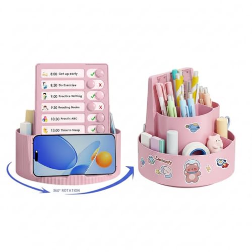 SOLDTRUE Modern Desk Organizer with Phone Stand | Multi-Function Study Planner Board & Pen Holder Caddy | Storage Organizer for Office, Students & Teachers | Stationary Storage Box (Pink) - Image 3