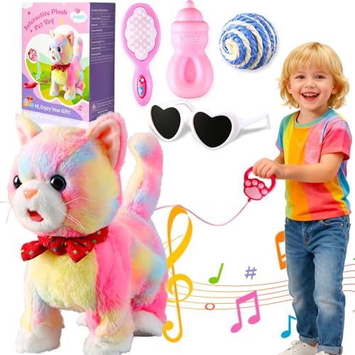 HCdoujoy Colorful Leash Walking Cat for Girls Set Toy Interactive Talking Singing Cat Kids Remote Control Walking Kitten Dancing Kitten Mimicking Robotic Kitty That Meow and Purrs Robot for Toddlers Baby - Image 1