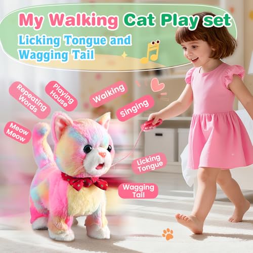 HCdoujoy Colorful Leash Walking Cat for Girls Set Toy Interactive Talking Singing Cat Kids Remote Control Walking Kitten Dancing Kitten Mimicking Robotic Kitty That Meow and Purrs Robot for Toddlers Baby - Image 5
