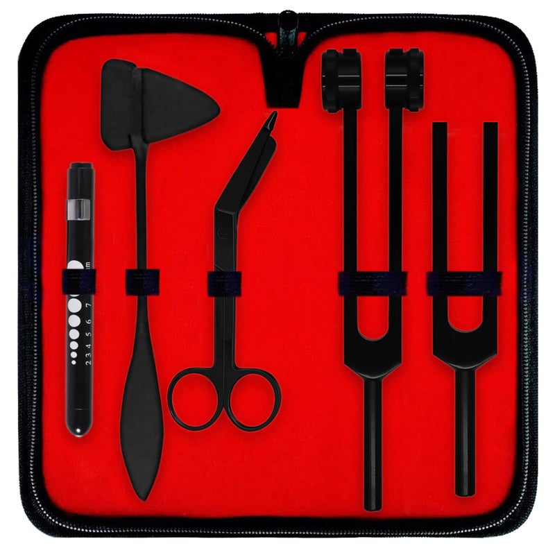 DEXSUR Diagnostics Kit - Percussion Taylor Reflex Hammer + C 128 & C 512 Tuning Forks + Bandage Scissors + Pupil Gauge Pen Light in Carrying Case - 6 Pieces Set - Full Black - Image 1