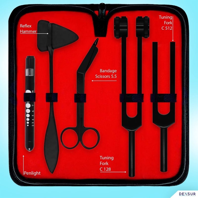 DEXSUR Diagnostics Kit - Percussion Taylor Reflex Hammer + C 128 & C 512 Tuning Forks + Bandage Scissors + Pupil Gauge Pen Light in Carrying Case - 6 Pieces Set - Full Black - Image 2