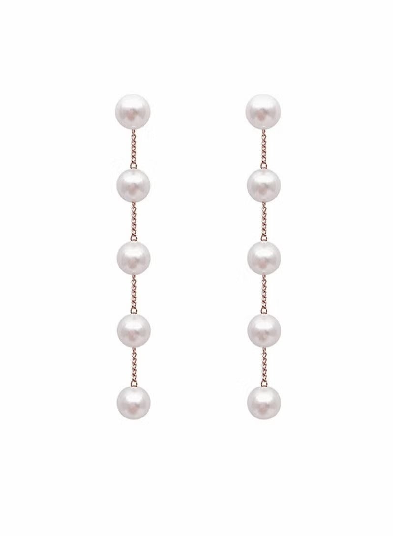 Boho Pearl Drop Dangle Earring Gold Long Tassel Pearl Earrings Tiny Pearl Chain Earrings Vintage Earrings Jewelry for Women and Girls (Gold)  - Image 4