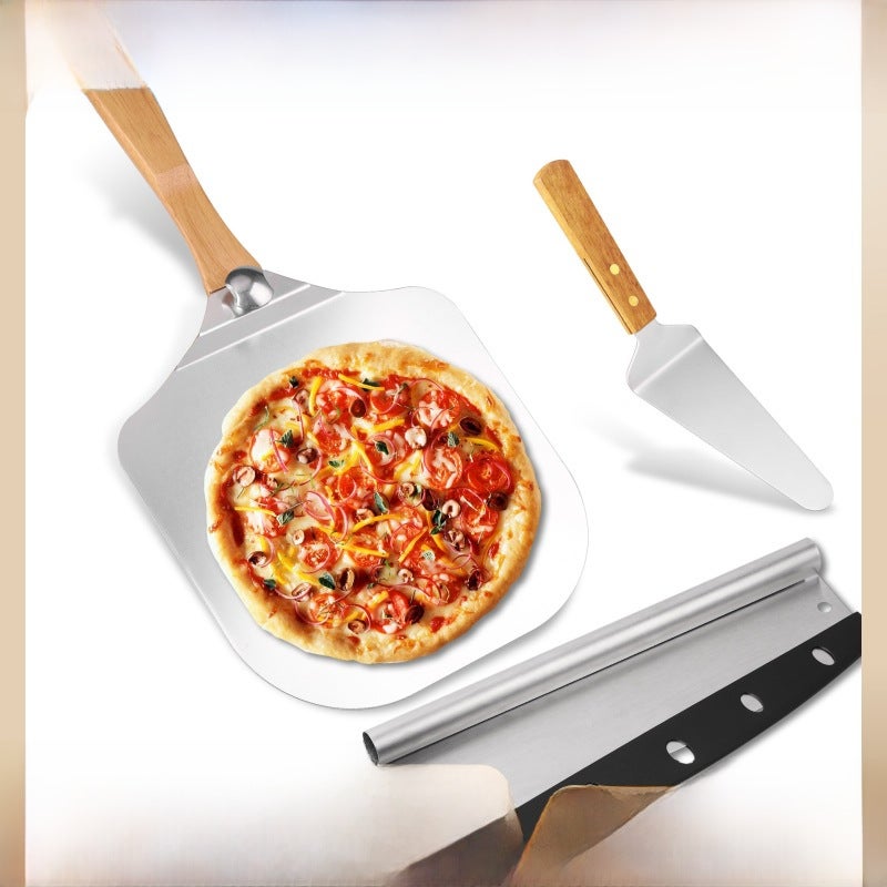 Folding Aluminum Pizza Shovel 12 Inch Wooden Handle Transfer Pizza Shovel Pizza Cutter Tool Combination Set Baking Pizza Shovel(88*30.5cm aluminum shovel Bubble Bag) - Image 2