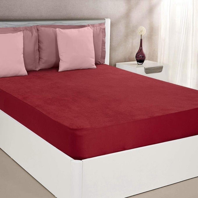 QUEEN KING DOUBLE BED MATTRESS PROTECTOR COTTON TERRY WATERPROOF AIR FLOW LUXURIOUS ULTRA SOFT PREMIUM FITTED BED COVER SHEET WITH ELASTIC STRAP 78X72 INCH MAROON