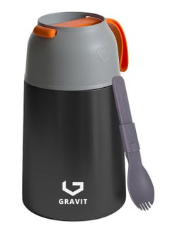 Gravit Insulated Food Jar Lunch Box 650ml - Stainless Steel Thermos with Folding Spoon, Keeps Food Hot/Cold, Leak-Proof, Ideal for Baby Food, School Lunches, Office Meals (Black)  - Image 1