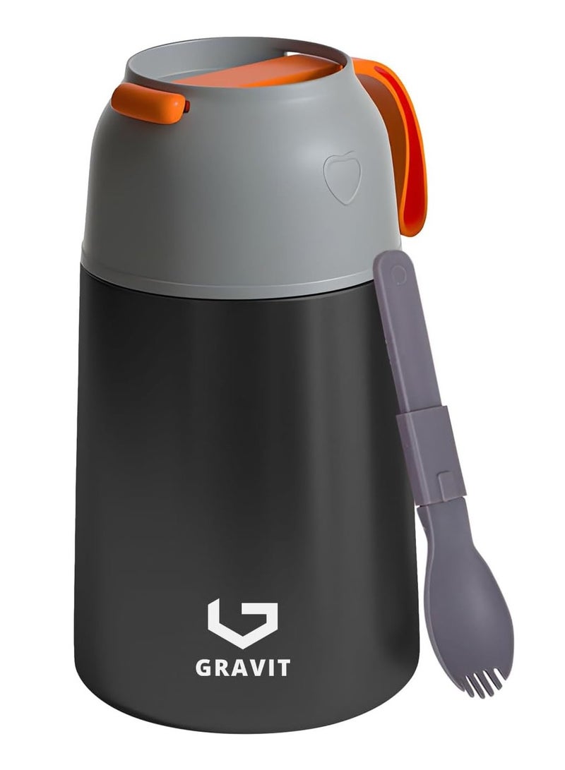 Gravit Insulated Food Jar Lunch Box 650ml - Stainless Steel Thermos with Folding Spoon, Keeps Food Hot/Cold, Leak-Proof, Ideal for Baby Food, School Lunches, Office Meals (Black)  - Image 1