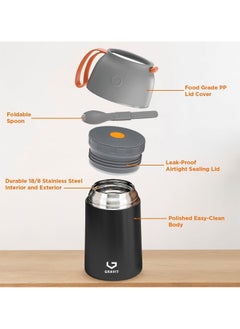 Gravit Insulated Food Jar Lunch Box 650ml - Stainless Steel Thermos with Folding Spoon, Keeps Food Hot/Cold, Leak-Proof, Ideal for Baby Food, School Lunches, Office Meals (Black)  - Image 2