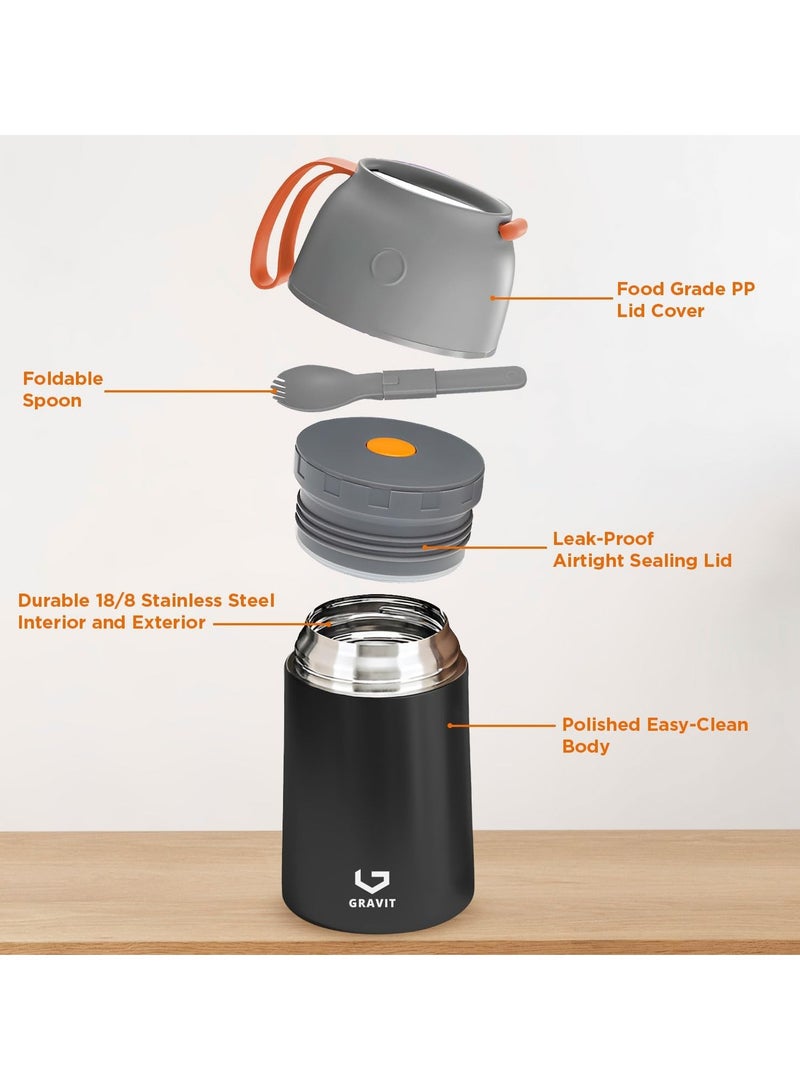 Gravit Insulated Food Jar Lunch Box 650ml - Stainless Steel Thermos with Folding Spoon, Keeps Food Hot/Cold, Leak-Proof, Ideal for Baby Food, School Lunches, Office Meals (Black)  - Image 2