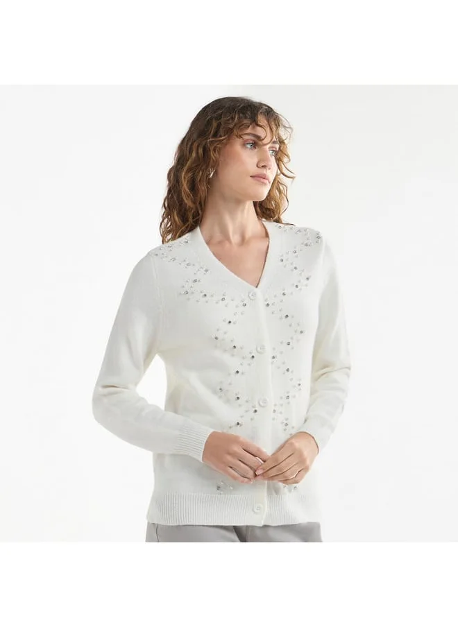 FAV Embellished Button Through Cardigan with Long Sleeves