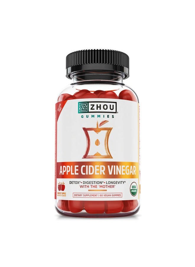 Zhou Nutrition Zhou Nutrition Apple Cider Vinegar Gummies with The Mother, ACV Detox & Cleanse, Natural Probiotics, Digestion Support, Heart Health, Gelatin-Free, Vegan, Gluten-Free, Non-GMO, 60 Count  - Image 1