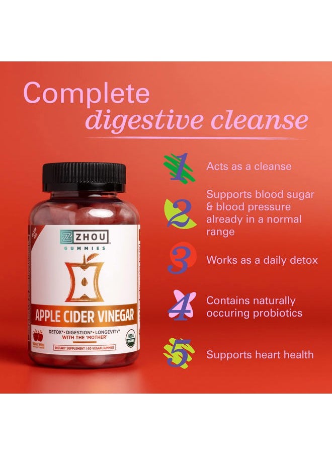 Zhou Nutrition Zhou Nutrition Apple Cider Vinegar Gummies with The Mother, ACV Detox & Cleanse, Natural Probiotics, Digestion Support, Heart Health, Gelatin-Free, Vegan, Gluten-Free, Non-GMO, 60 Count  - Image 3