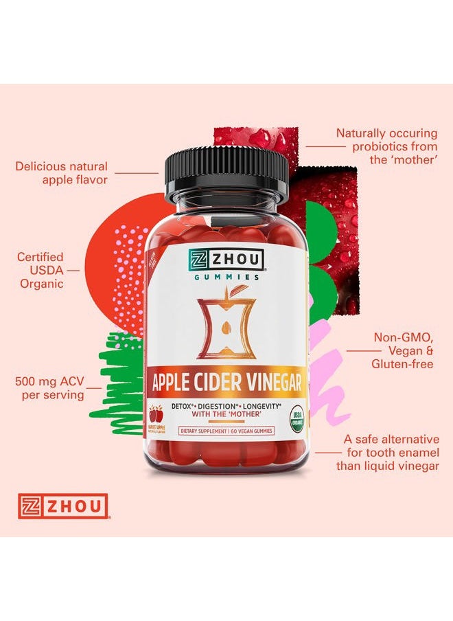 Zhou Nutrition Zhou Nutrition Apple Cider Vinegar Gummies with The Mother, ACV Detox & Cleanse, Natural Probiotics, Digestion Support, Heart Health, Gelatin-Free, Vegan, Gluten-Free, Non-GMO, 60 Count  - Image 4