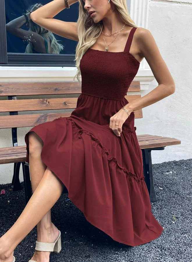 Take Two  Women Burgundy Smocked Strappy Tiered Midi Dress for Women | Best Price UAE