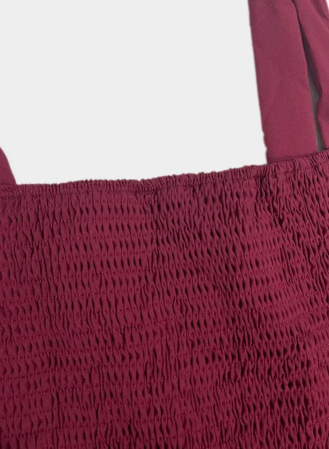 Take Two  Women Burgundy Smocked Strappy Tiered Midi Dress for Women | Best Price UAE