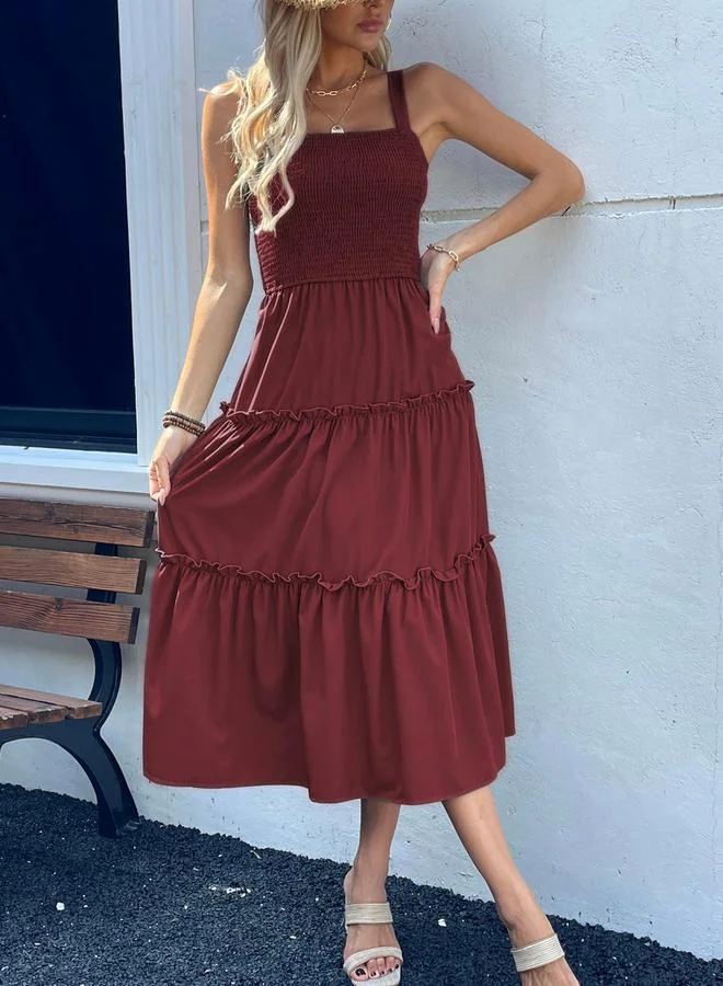 Take Two  Women Burgundy Smocked Strappy Tiered Midi Dress for Women | Best Price UAE