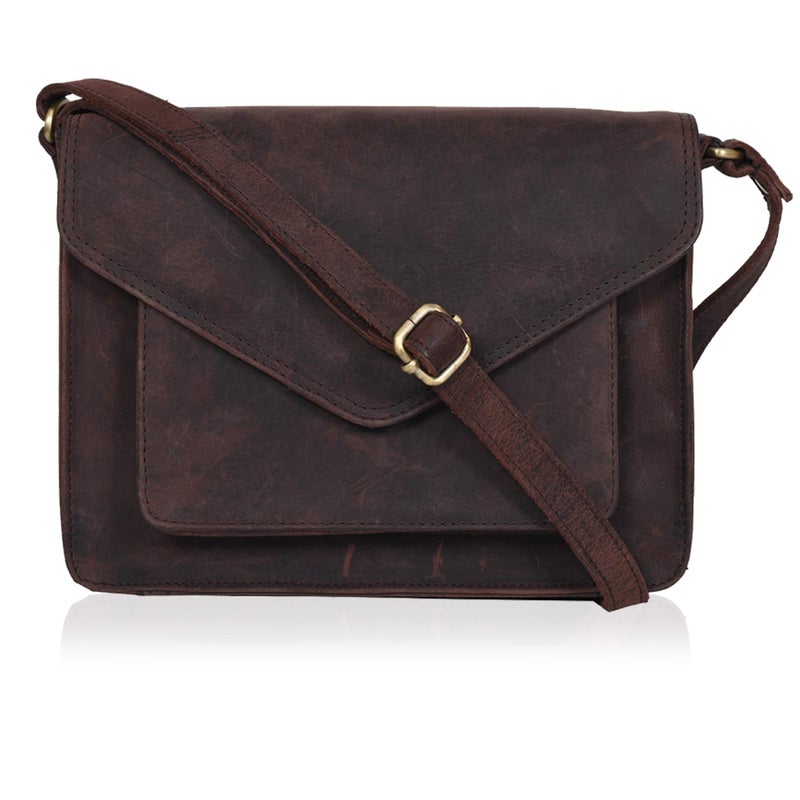 Leather Flapover Crossbody Handbag Purse for Women with Adjustable Strap Overflap Snap Closure ToteBag Brown Hunter