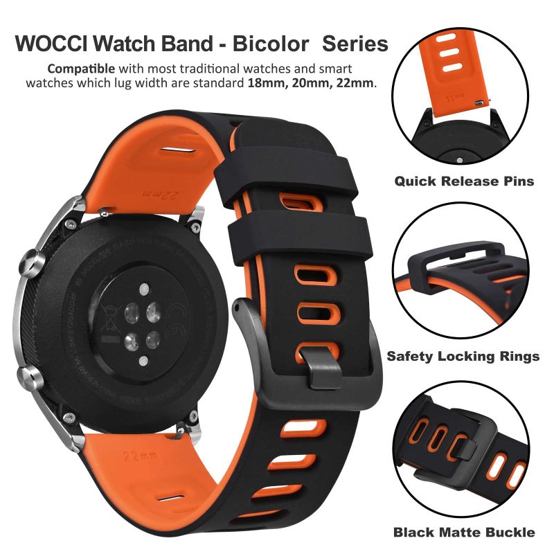 WOCCI 20mm Bicolor Watch Band, Silicone Rubber, Quick Release Replacement Strap for Men and Women, Black Stainless Steel Buckle (Black-Orange) - Image 4