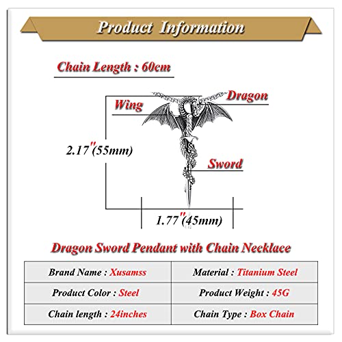 Xusamss Punk Rock Titanium Steel Sword Pendant Wings Dragon Necklace with 24inches Chain - Image 2