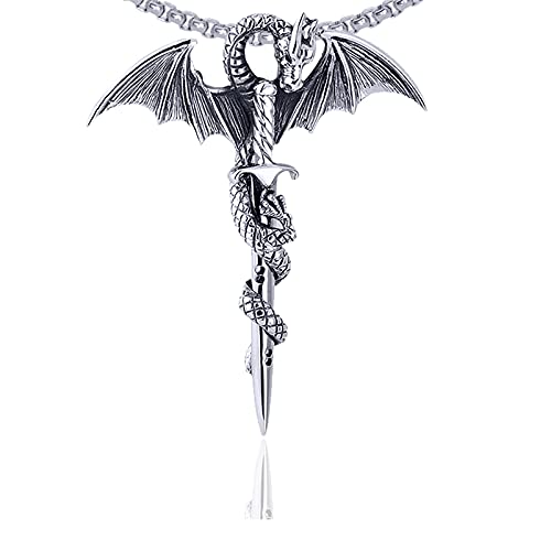 Xusamss Punk Rock Titanium Steel Sword Pendant Wings Dragon Necklace with 24inches Chain - Image 1
