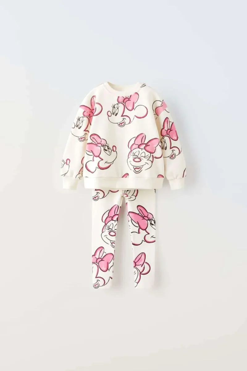 Miniğimin Cicileri My Little Ones Cute Pink Mnn Printed Ribbed Spanish Leggings Set - Pink