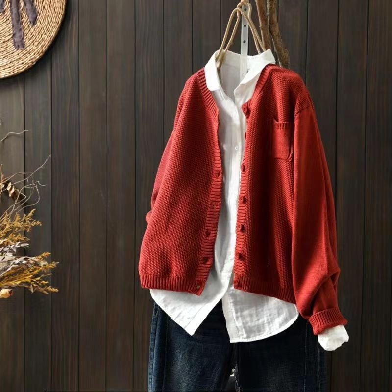 2023 Knitted Cardigan Sweater Womens Autumn Artistic Retro Long-sleeved Jacket Casual Top Show red [high-quality fabric and high quality]