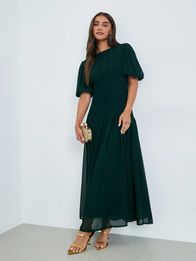 Styli  Styli Dark Green Fold Pleat Chiffon Maxi Dress for Women | Best Price UAE