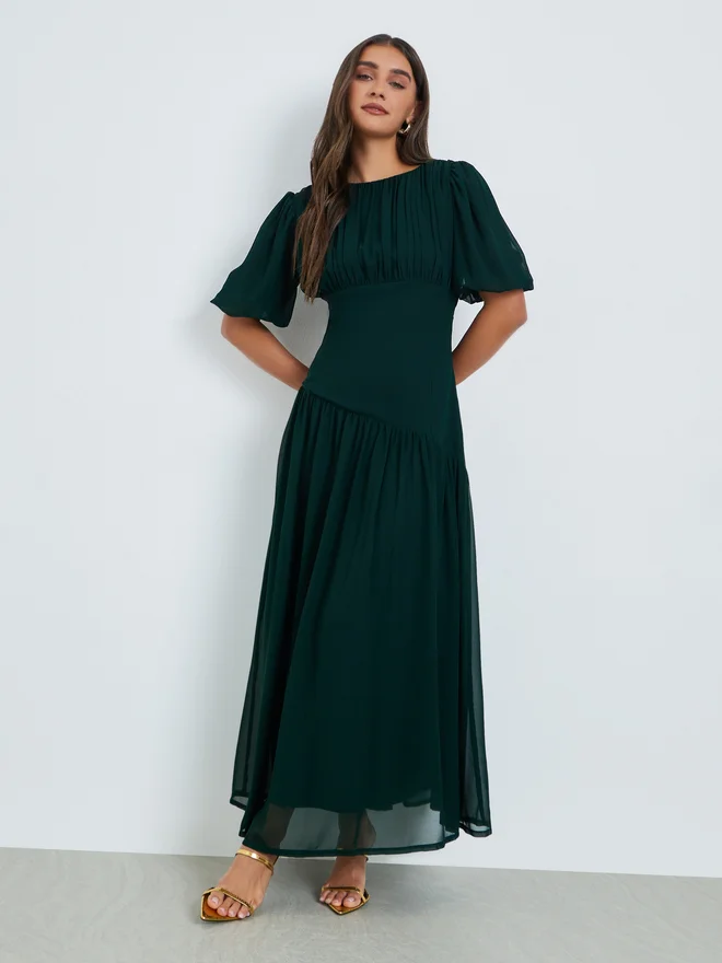 ستايلي Styli Dark Green Fold Pleat Chiffon Maxi Dress