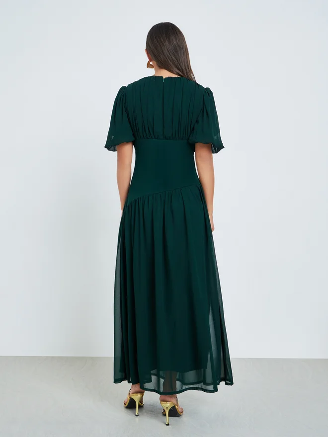 Styli  Styli Dark Green Fold Pleat Chiffon Maxi Dress for Women | Best Price UAE
