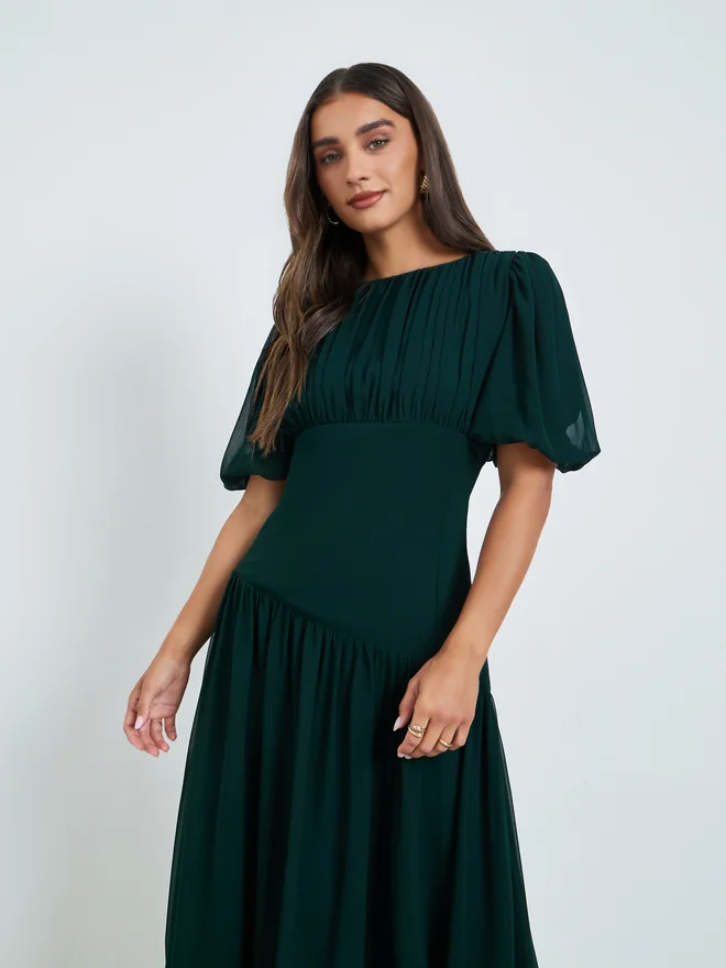 ستايلي Styli Dark Green Fold Pleat Chiffon Maxi Dress