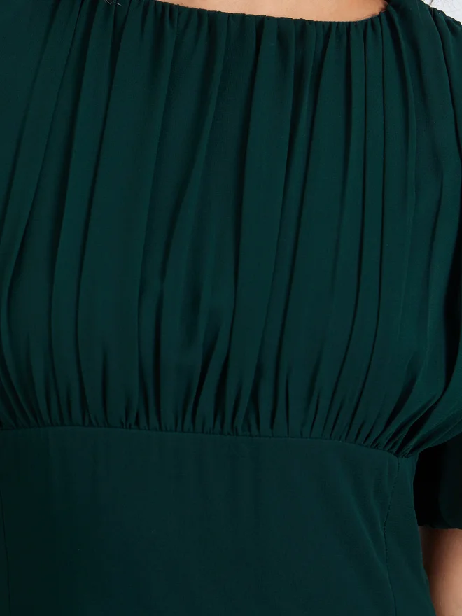 Styli  Styli Dark Green Fold Pleat Chiffon Maxi Dress for Women | Best Price UAE