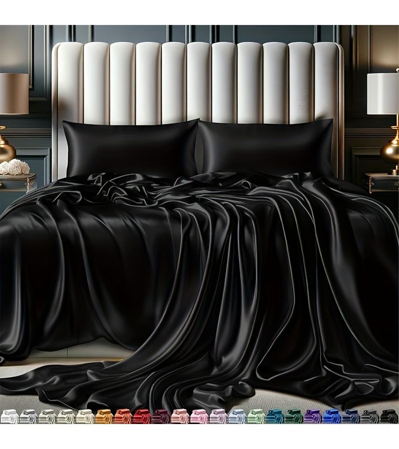 Dark Green Luxury Satin Fitted Sheet Set Queen 2 Flat Sheet 2 Pillowcases - Image 1