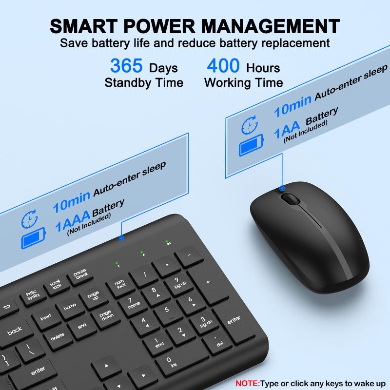 QUASIO Wireless Keyboard and Mouse Combo, Full-Size Silent Ergonomic Keyboard and Optical Mouse, Long Battery Life, 2.4GHz Lag-Free Cordless Mice Keyboard for Computer, Mac, Laptop, PC, Windows - Image 5