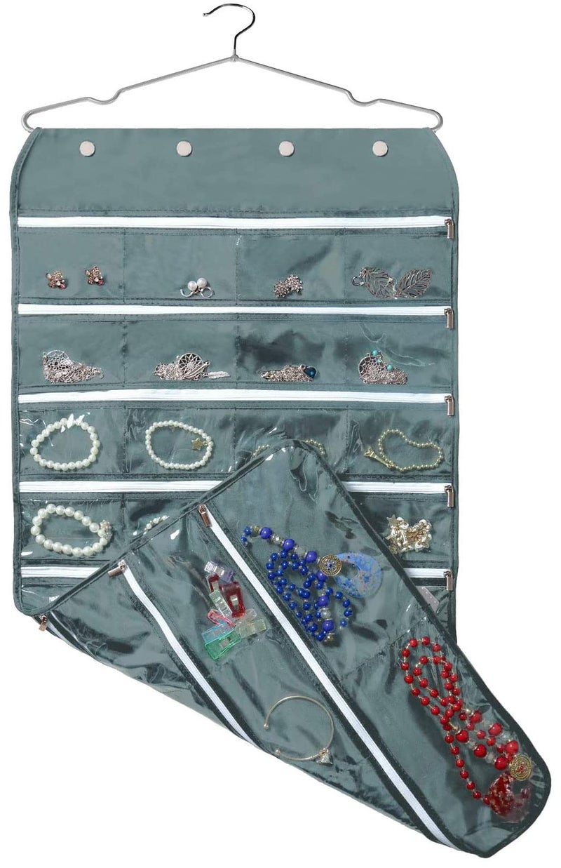 BB Brotrade Hanging Jewelry Organizer,Accessories Organizer,56 Zipper Pocket Organizer for Holding Jewelries (Grey-Zipper) - Image 1