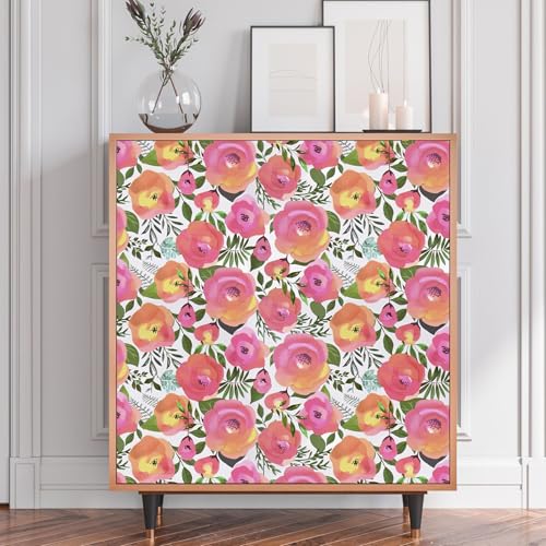 WENMER Floral Peel and Stick Wallpaper 17.7" x 118" - Peach Pink Flower Decorative Watercolor Removable for Dresser Cabinet Shelf Liner Bedroom Bathroom Accent Walls - Image 3