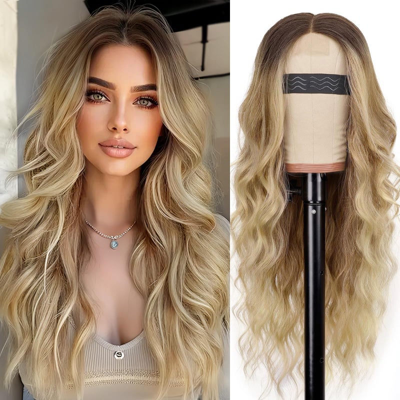 AISI HAIR Blonde Wig for Women Long Wavy Lace Hairline Blond Synthetic Middle Part Ombre Blonde Wigs for Daily Party26 Inch