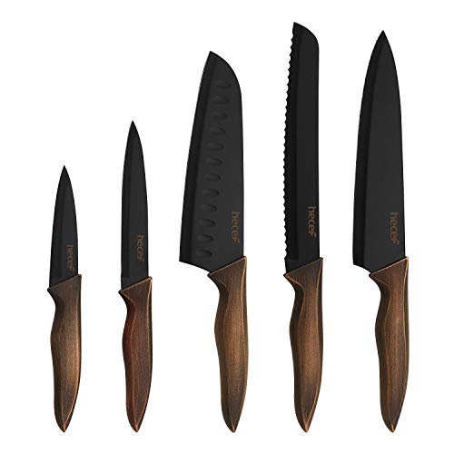 hecef Vintage Kitchen Knife Set Stainless Steel Nonstick Black Coated Knives with Extra Sheaths Includes Chef Bread Santoku Utility and Paring Knife